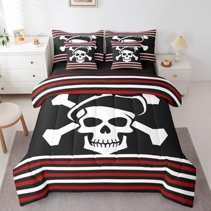 Erosebridal 7Pcs Pirate Comforter Set King Size,Nautical Skull Bedding Set for Kids Boys Teens Youth,Red Black White Stripes Bed in A Bag,Ocean Adventure Theme Sheet Set with Comforter