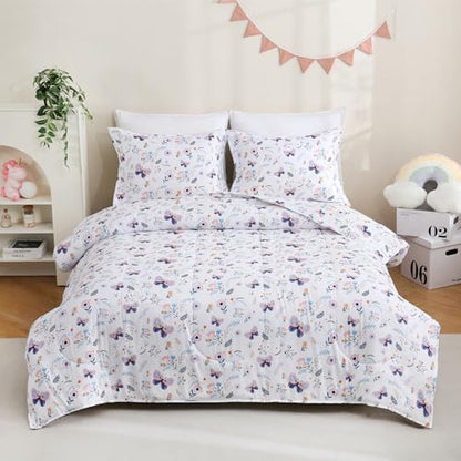 Yibeizi Floral Butterfly Comforter Set for Girls Twin Size Bedding