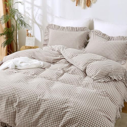 ATsense Tan Gingham Ruffle Duvet Cover Bedding Set Cotton Like Linen, Full