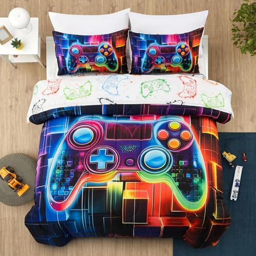 A Nice Night Boys Queen Size 5-Piece Game Console Comforter Set, for Kids Teen 3D Colorful Background Colorful Universe Gamepad Gaming Printed Matching Sheet Sets Black-Red