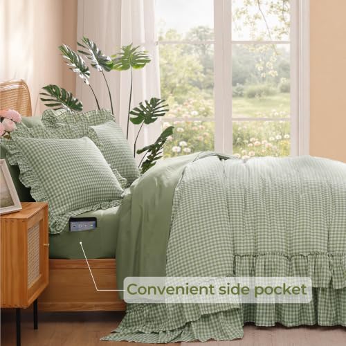 Full Size Comforter Set Green Gingham Ruffle 7 Pieces Bed in a Bag