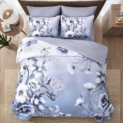 Luxudecor Floral Comforter Set King Size 7 Piece, Blue Flower Bed in a Bag, Elegant Gradient Floral Comforter with Sheet Set, Soft Seersucker Microfiber Bedding Set for All Season (Blue, 104"x90")