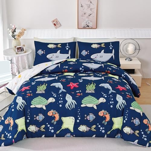 RYNGHIPY 3 Pcs Ocean Animals Full Comforter Set for Boys Navy