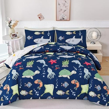 RYNGHIPY 3 Pcs Ocean Animals Full Comforter Set for Boys Navy