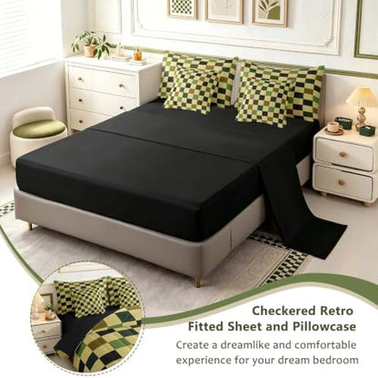 Checkered Retro Comforter Set Twin Size 7 Pieces Hunter Green Plaid Bedding Set for Kids Boys Girls Geometric Camo Army Bed in a Bag Modern Hunting Groovy Aesthetic Bedroom Decor Quilted Lightweight