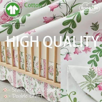 Brandream Scallop Edge Crib Skirt Organic Cotton Toddler Bedskirt Floral Stripes and Vines Baby Nursery Crib Bed Skirt Neutral Vintage Green Pink Floral Bouquet Farmhouse Chic Boho Bohemian Skirt