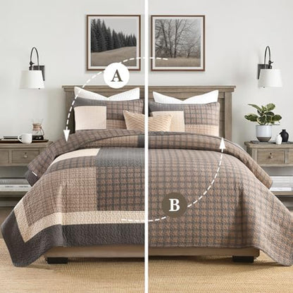 Finlonte 100% Cotton Queen Size Quilt, Queen Comforter with Pillow Shams, Farmhouse Plaid Quilted Bedspread, Lightweight Soft Quilt Bedding Set, Brown/Beige/Gray