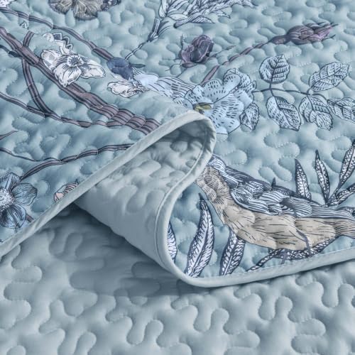 Litanika Floral Light Blue Quilt King - 3Pcs Botanical Birds Bedding Set