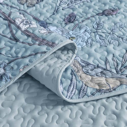 Litanika Floral Light Blue Quilt King - 3Pcs Botanical Birds Bedding Set