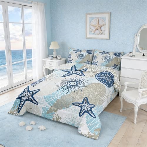 Homewish Ocean Comforter Set King Size,Starfish Shell Coral Sealife Bedding Set 3pcs for Kids Boys Girls Room Decor,Boho Hawaii Style Quilt Set Vintage Navy Blue Duvet Insert with 2 Pillowcases