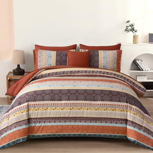 Cottolester Boho Queen Comforter Set,Red and Orange Striped Bed in a Bag