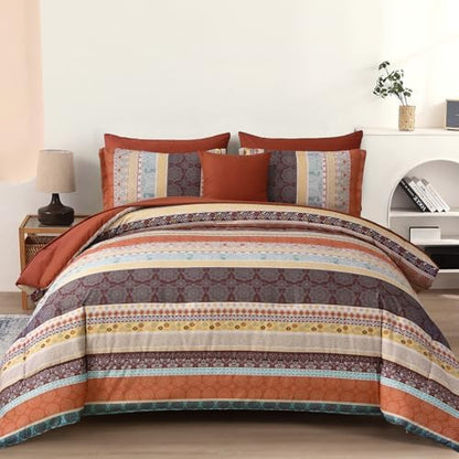 Cottolester Boho Queen Comforter Set,Red and Orange Striped Bed in a Bag