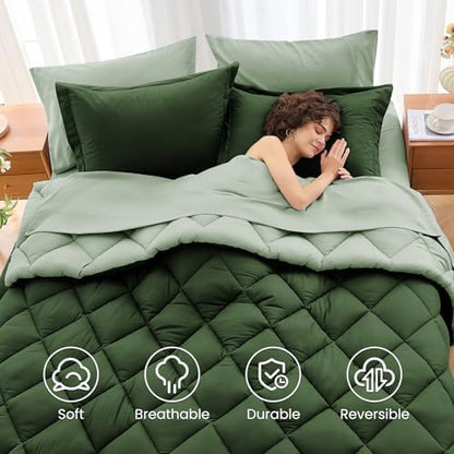 MUXHOMO 7 Pieces Oversized King Comforter Set, Reversible Bed in a Bag Oversized King, All Season Bedding Set with Comforter, Flat Sheet, Fitted Sheet, Pillowcases & Shams, Dark Green & Light Green