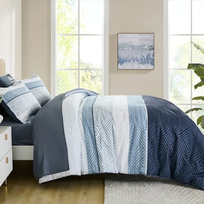 Comforter Set Queen Size 7 Piece Bed in a Bag Boho Blue Striped Bedding Set