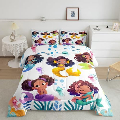Homewish Cute Black Girl Mermaid Comforter Set Queen Size,Watercolor Coral Jellyfish Bedding Set for Kids Girls Teens Room Decor,African Black Girls Quilt Set Colorful Sea Life Duvet Insert 3Pcs