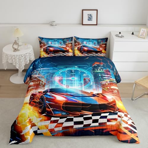 Feelyou Boys Orange Race Car Full Size Bedding Set Kids Racing Car Decor Comforter Extreme Sports Car Comforter Set for Teens Honeycomb Grid Car Comforter Quilt Set Car Room Decorations