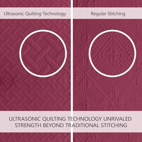 FLYMME Quilts Queen Size,Lightweight Burgundy Bedspreads,Basket Weave Pattern,Ultra Soft Microfiber Bed Coverlet 3 Pieces for All-Seasons (1 Quilt,2 Shams)