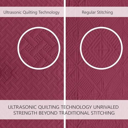 FLYMME Quilts Queen Size,Lightweight Burgundy Bedspreads,Basket Weave Pattern,Ultra Soft Microfiber Bed Coverlet 3 Pieces for All-Seasons (1 Quilt,2 Shams)