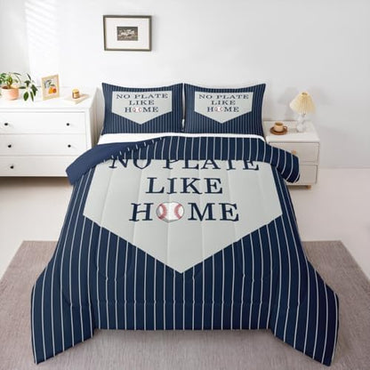 Castle Fairy Boys Baseball Comforter Set Sports Theme Bedding Set for Kids Teens Adults Navy Stripes Comforter Sports Baseball Quilted Duvet Set Bedroom Collection Twin Size 2Pcs