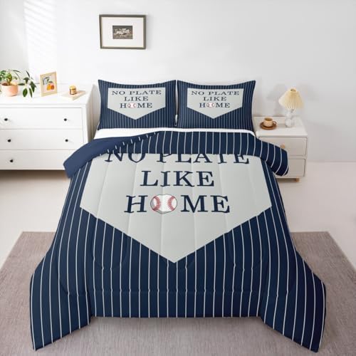 Children Sports Baseball King Size Comforter Set Kids Baseball Decor All Season Bedding Set for Boys Girls Teens Sports Theme Comforter Navy and White Decor Quilt Set Bedroom Collection 3Pcs