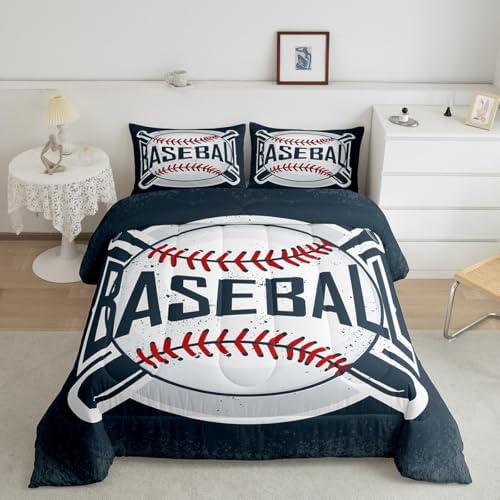 Manfei Baseball Comforter Set King Size Sports Theme Bedding Set 3pcs for Kids Boys Teens Bedroom Decor, Vintage Sports Baseball Gaming Duvet Insert Navy Blue Quilted Duvet with 2 Pillowcases