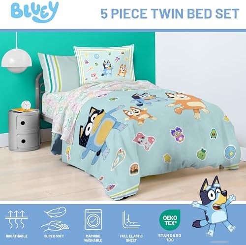 Bluey Bingo Twin Comforter Set 5 Piece Soft Kids Cartoon Bedding, Blue