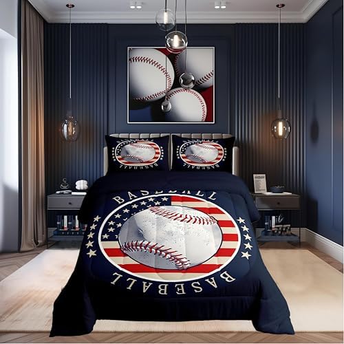 Castle Fairy Boys Baseball Comforter Set American Flag Bedding Set for Kids Teens Adults Sports Baseball Comforter Navy and Red Quilted Duvet Set Bedroom Collection Twin Size 2Pcs