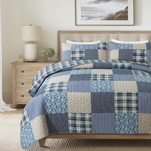 SLPR - Blue Symphony Cotton Quilt Set, Patchwork Bedding, Queen and 2 Shams