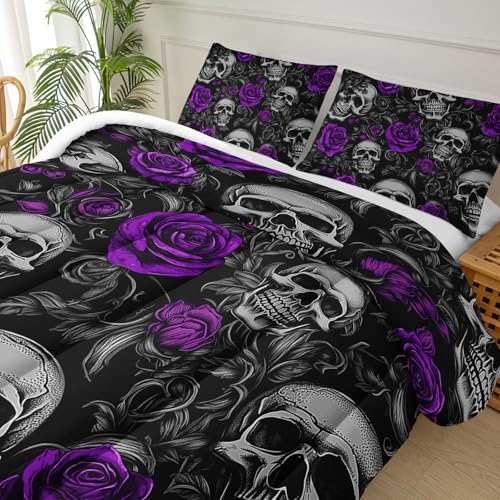 Sugar Skull Full Size Comforter Set Floral Bedding Set,Gothic Skull Bedding Set for Boys Girls,Skeleton Bone Rose Blossoms Print Halloween Quilt Set,Horror Comforter Set for Bedroom Decor