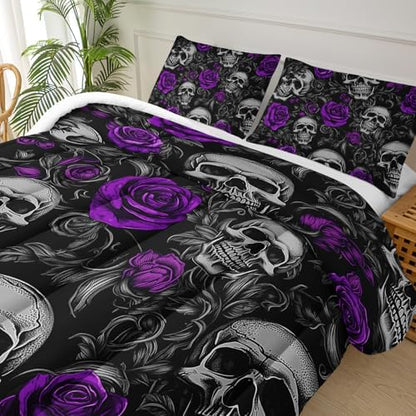 Sugar Skull Full Size Comforter Set Floral Bedding Set,Gothic Skull Bedding Set for Boys Girls,Skeleton Bone Rose Blossoms Print Halloween Quilt Set,Horror Comforter Set for Bedroom Decor