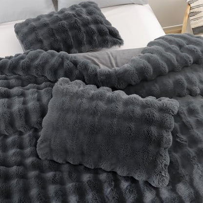 YIKUSH Full Faux Fur Comforter Set, Fluffy Dark Gray Rabbit Fur Comforter