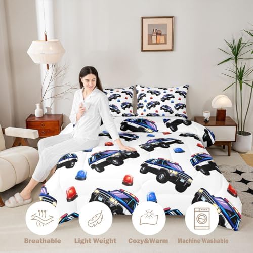 Feelyou Police Car Comforter Set Queen Size Policeman Vehicle Bedding Set for Kids Boys Girls Automobile Duvet Quilt Bedroom Decor Microfiber 3 Pcs with 2 Pillow Cases