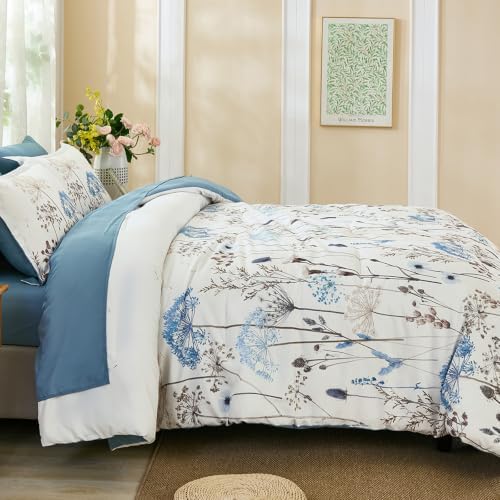 Yiran King Comforter Size Set, 7 Piece Blue Dandelion Floral Bed in a Bag