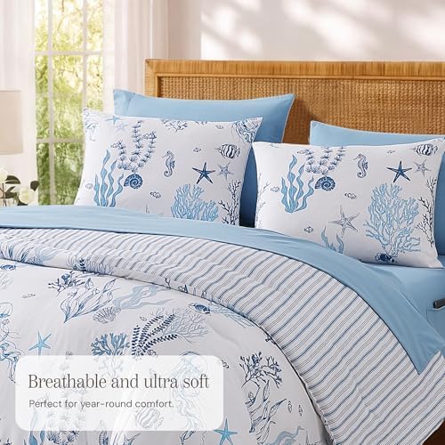 BLOOMHAVEN Full Size Comforter Sets-7 Pieces Coastal Blue Bed in a Bag