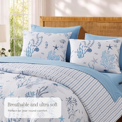 BLOOMHAVEN Queen Comforter Set-7 Pieces Coastal Blue Bed in a Bag Queen