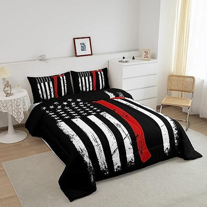 Castle Fairy Boys Firefighter Twin Size Comforter Set,Kids American Flag Decor All Season Bedding Set,Teens Fireman Comforter,Children Red Black White Decor Quilt Set Bedroom Collection 2Pcs