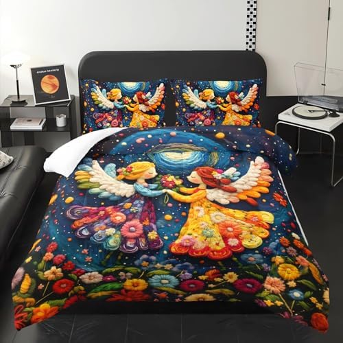 Colorful Fairytale Style Comforter Set for Kids，Galaxy Floral Girls Twin Bedding Set，with 1 Comforter with 2 Pillow Case，Fairytale Bedroom Decor Kids