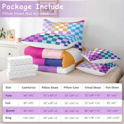 Feelyou Multicolored Checkered Retro Bedding Sets Kids Boys Girls Geometric Vintage Comforter Bed in a Bag Twin Size Rainbow Colorful Bed Duvet Insert Modern Groovy Aesthetic Room Decor
