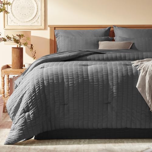 Laojin Balhen Queen Comforter Set 7 Pieces, Dark Grey Seersucker Bed in a Bag Set Queen Size, All Season Luxury Bedding Sets with Comforter, Sheets, Pillowcase & Sham