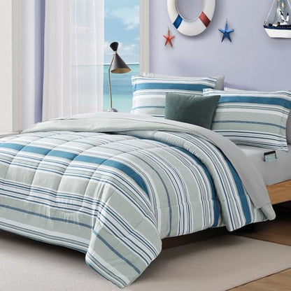 Twin XL Comforter Set Striped Royal Blue 5 Pieces Bed in a Bag for Dorm