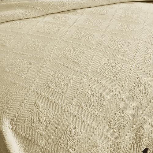 MarCielo 3-Piece 100% Cotton Oversized Bedspread Lightweight Quilt Coverlet Embroidery Farmhouse Bedding Set (Tk Beige Khaki, Oversized Queen (100"x106"))