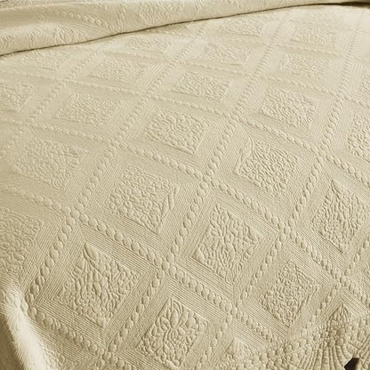 MarCielo 3-Piece 100% Cotton Oversized Bedspread Lightweight Quilt Coverlet Embroidery Farmhouse Bedding Set (Tk Beige Khaki, Oversized Queen (100"x106"))