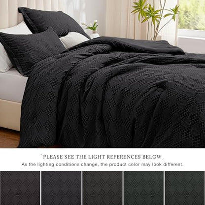EXQ Home Waffle Comforter King Size - Super Soft Embossed Design Comforter Set 3 Pieces, Black 3D Diamond Pattern Bedding Set,Winter Warm Bed Set,1 Comforter with 2 Pillowcases
