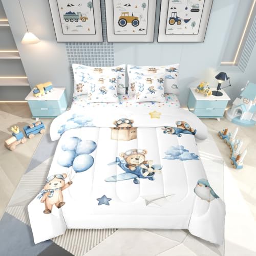 Erosebridal Cartoon Aircraft Full Comforter Set with Sheets, Cute Bear Airplane Propeller Plane 7 Pcs Bedding Set for Kids Boys Girls Adults, Bird Animals Bed in A Bag, Balloon Star Cloud Bed Sets