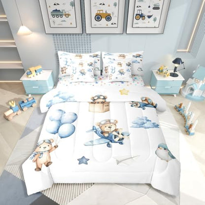 Erosebridal Cartoon Aircraft Full Comforter Set with Sheets, Cute Bear Airplane Propeller Plane 7 Pcs Bedding Set for Kids Boys Girls Adults, Bird Animals Bed in A Bag, Balloon Star Cloud Bed Sets