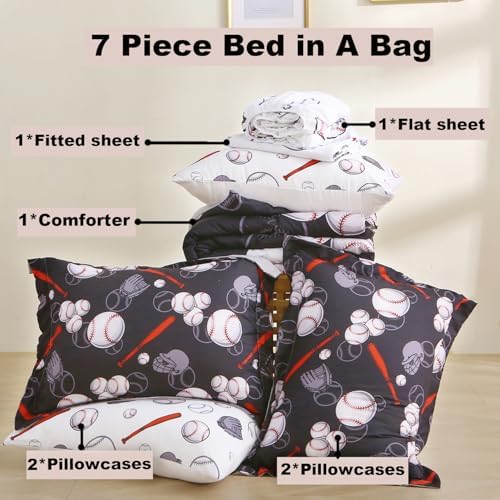 Baseball 7 Piece Bedding Set Sports Theme Twin Size Kids Boys Softball Comforter Set for Boys Kids Microfiber Comforter All Season (1 Comforter, 1 Flat Sheet, 1 Fitted Sheet, 4 Pillowcase)