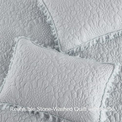 Light Blue Ruffled Quilt Queen Size, Stone-Washed Microfiber Lightweight Crinkled Farmhouse Rustic Shabby Chic Bedding Set, 3 Pieces Reversible Bedspread Coverlet with Pillow Shams for All Season