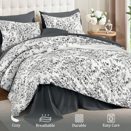8 Pieces Floral Comforter Set Queen Size Black Gray Bed in a Bag Bedding