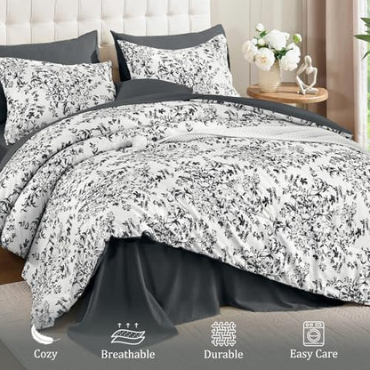 8 Pieces Floral Comforter Set Queen Size Black Gray Bed in a Bag Bedding