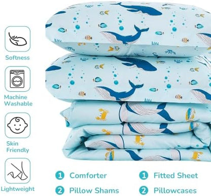 Viviland Kids Bedding Set Twin Size Comforter Sets, Bed in Marine Whale Cover Set for Children